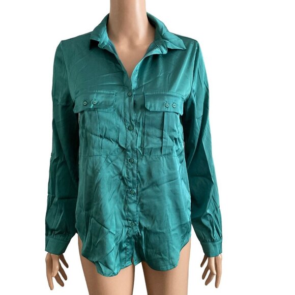 J Lux Label Shirt Button Front Women Small Green Satin - Picture 6 of 9